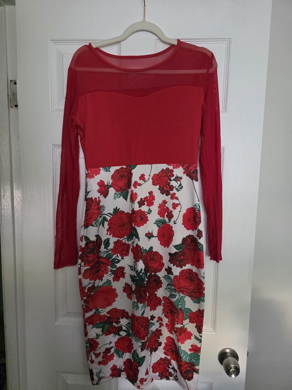 Red Floral Mesh-Top and Sleeves Women's Dress